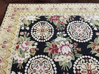 9x12 Black Needlepoint Rug, European Floral Panel Design, Handwoven, Vintage Chinese Needlepoint, Black Green Beige, Wool Rug 9 x 12