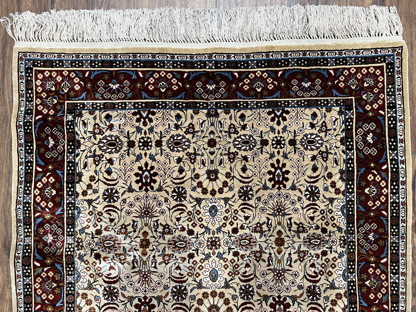 Fine Sino-Persian Silk Rug 3x5, High Quality Silk Carpet, Handmade Small Silk Rug, Allover Repeated Motif, Tan Maroon Blue Vintage Silk Rug