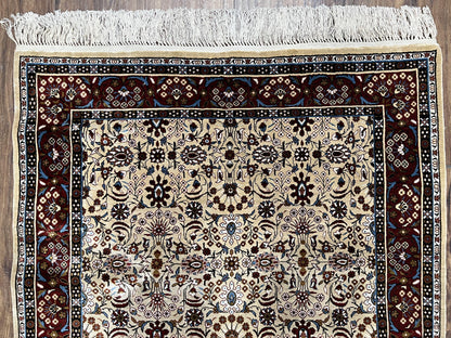Fine Sino-Persian Silk Rug 3x5, High Quality Silk Carpet, Handmade Small Silk Rug, Allover Repeated Motif, Tan Maroon Blue Vintage Silk Rug