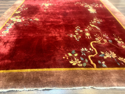 Red Chinese Art Deco Rug 9x11, Simple Design, Wool Chinese Area Rug, Antique