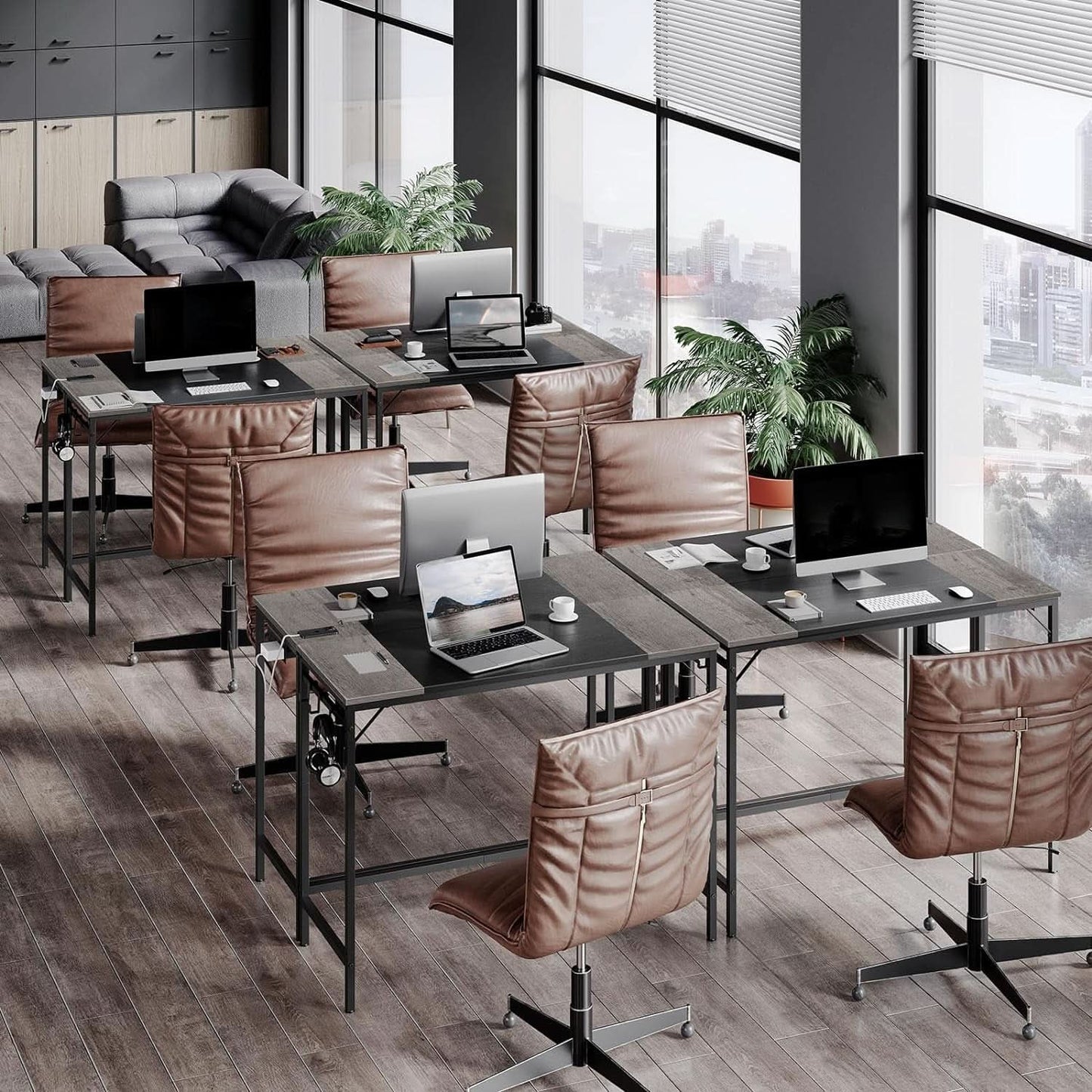 Charcoal Gray Computer Desk With Power Outlet And Hooks