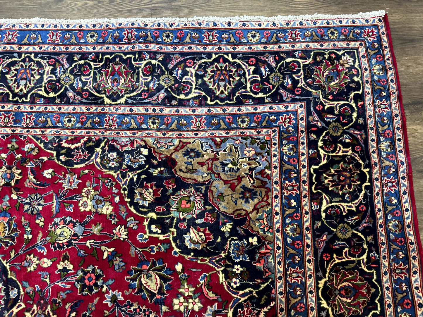 Traditional Persian Rug 8x11, Red Navy Blue, Floral Medallion, Antique Persian Mashad Carpet, Wool