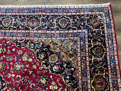 Traditional Persian Rug 8x11, Red Navy Blue, Floral Medallion, Antique Persian Mashad Carpet, Wool