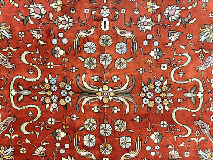 Romanian Rug 10x13, Vintage Handmade Wool Carpet, Floral Pattern, Birds, Red and Cream, Signed By Masterweaver, Persian Rug