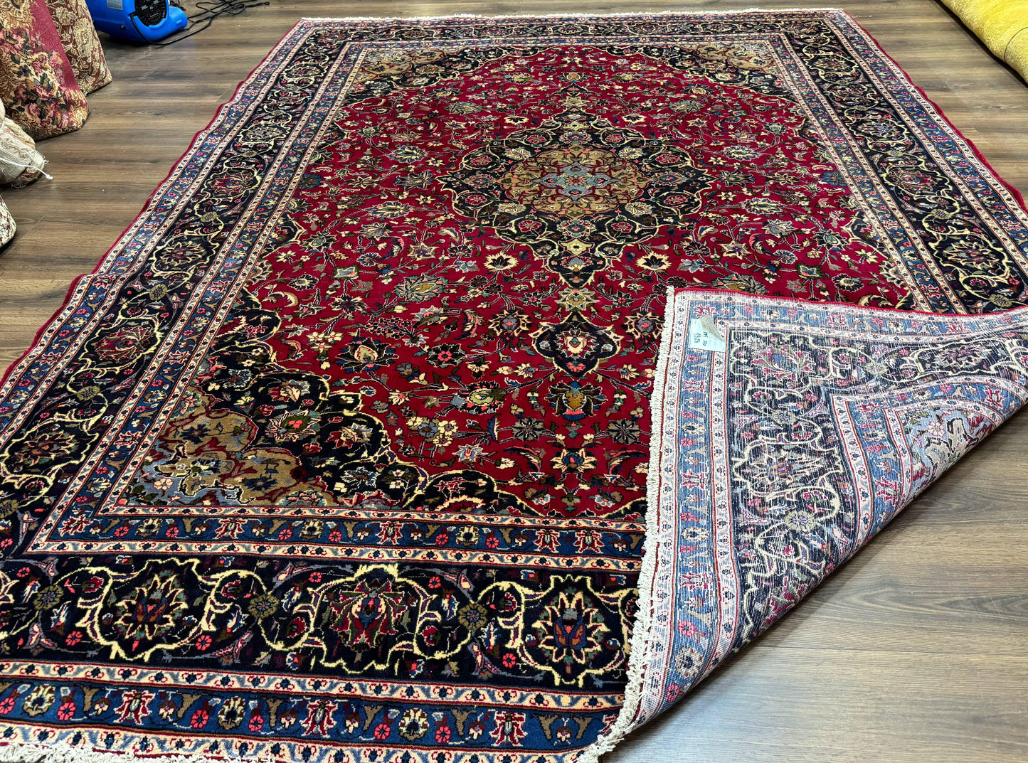 Traditional Persian Rug 8x11, Red Navy Blue, Floral Medallion, Antique Persian Mashad Carpet, Wool