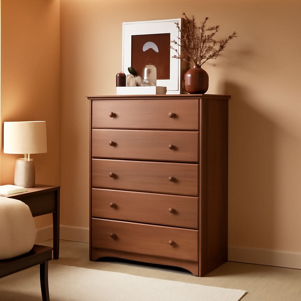 SolidPineWood Contemporary Five Drawer Dresser Mocha Finish