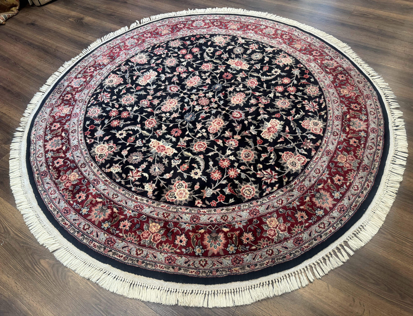 Round Sino Persian Rug 6x6, Floral, Navy Blue and Red, Wool and Silk Highlights