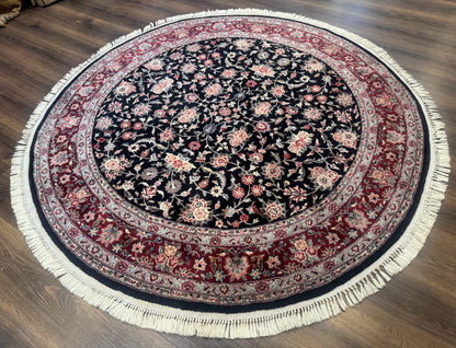 Round Sino Persian Rug 6x6, Floral, Navy Blue and Red, Wool and Silk Highlights