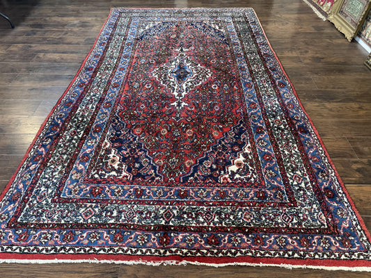 Persian Tribal Rug 6x11, Red Blue Ivory, Antique Persian Carpet, Hamadan Dargazin Carpet