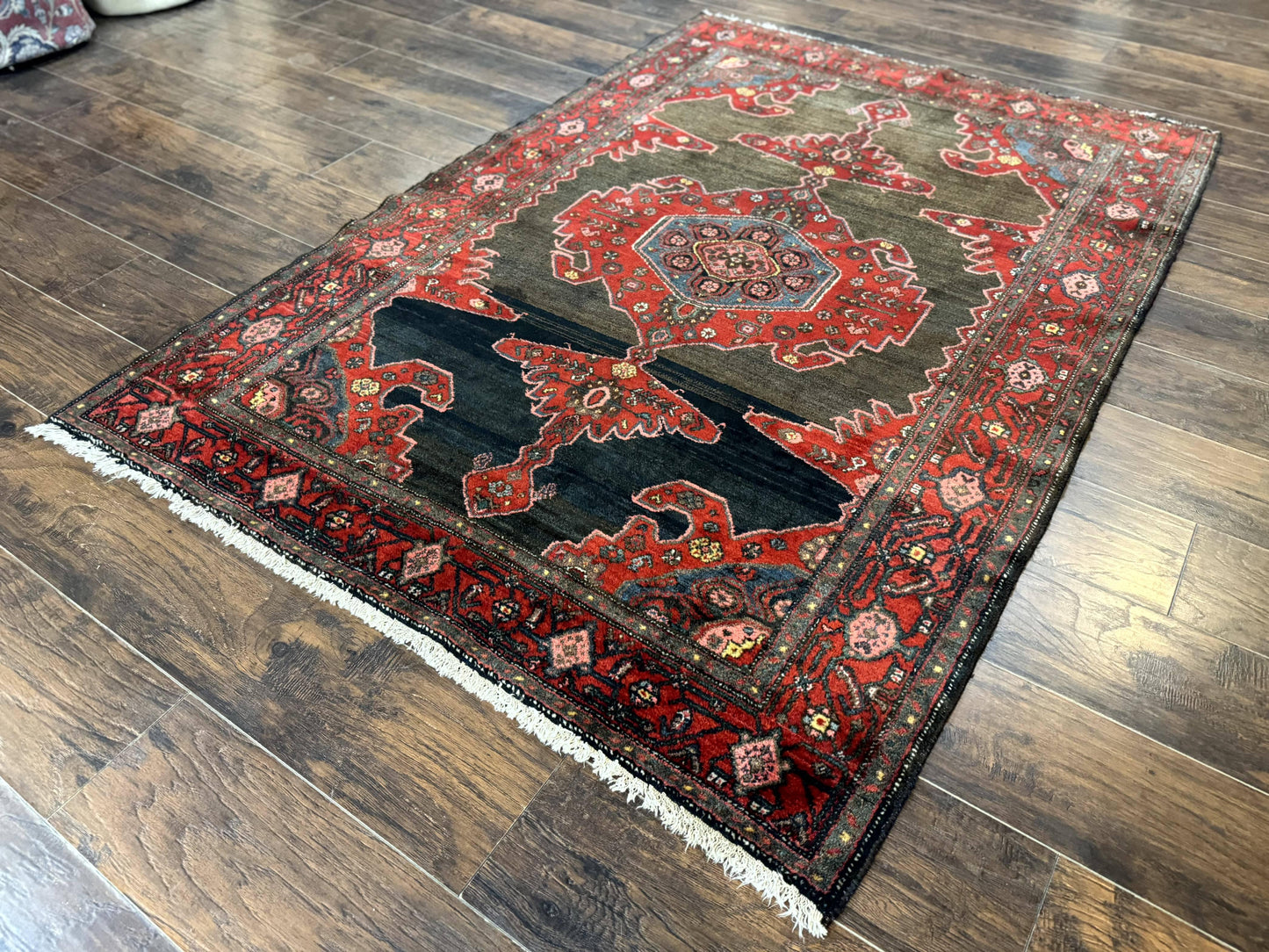 Antique Persian Tribal Rug 5x7, Geometric Wool Carpet, Kurdish Senneh Rug