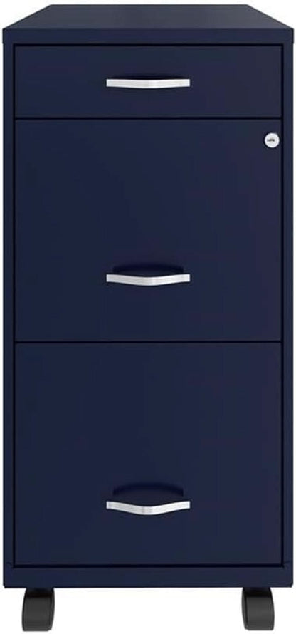 18 Inch Deep 3 Drawer Mobile Metal File Cabinet Navy With Cam Lock For Office Organization