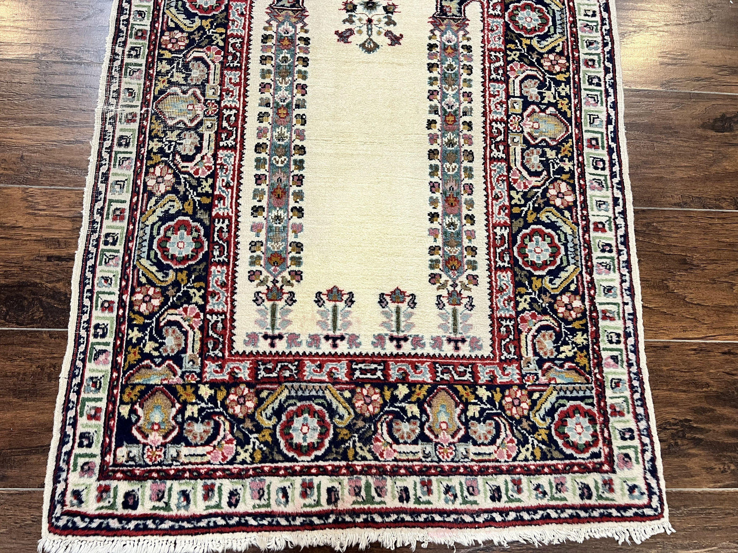 Turkish Prayer Rug 2.5 x 4, Vintage Wool Hand Knotted Carpet, Ivory