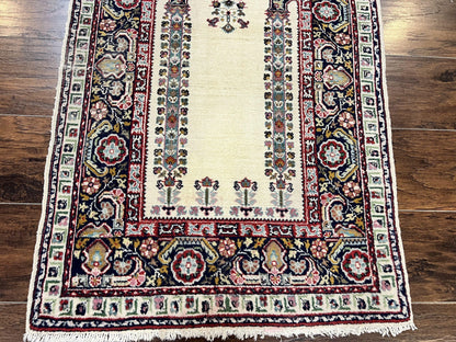 Turkish Prayer Rug 2.5 x 4, Vintage Wool Hand Knotted Carpet, Ivory