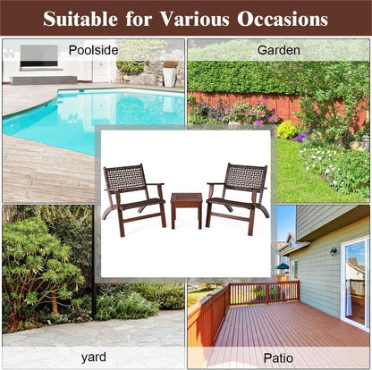 3 Piece Patio Conversation Set With Solid Eucalyptus Wood Frame And Brown Rattan Wicker