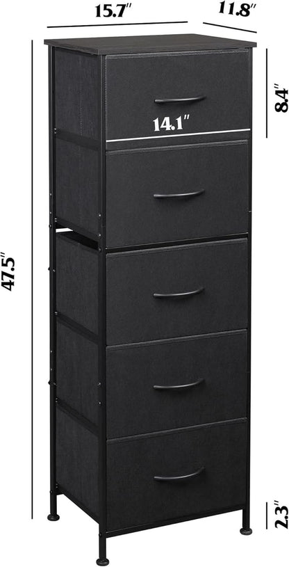 Fabric Dresser 5 Drawer Tall Storage Charcoal Black