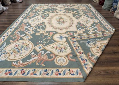 Aubusson Rug 9x12, Muted Sage Green and Cream, European Design