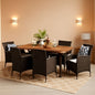 Outdoor 7 Piece Acacia Wood Wicker Dining Set Teak Finish