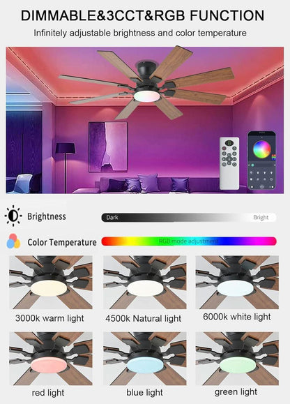 52 Inch Ceiling Fan With Light Remote App Control Brown