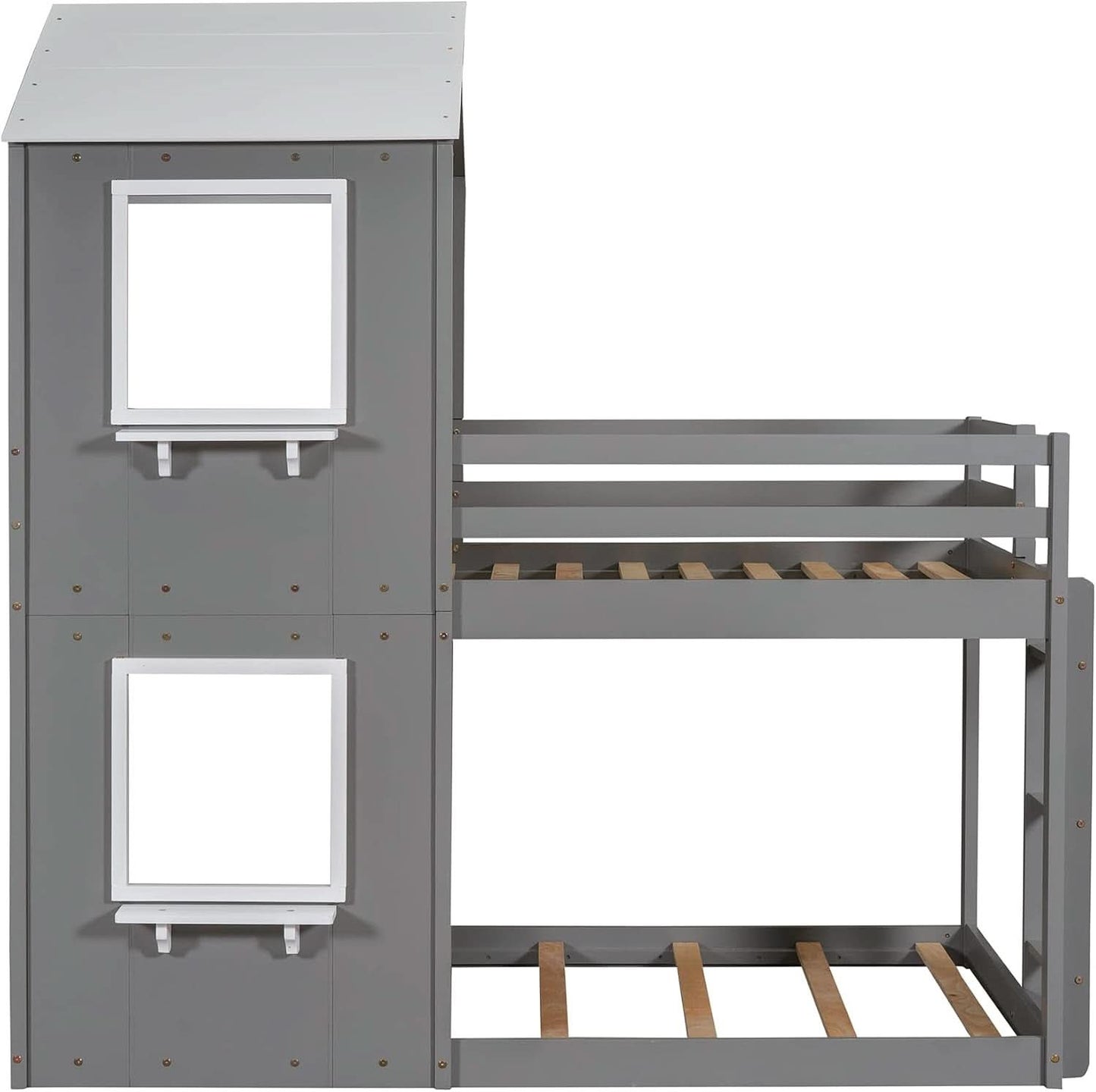 Twin Over Twin House Bunk Bed With Roof And Ladders Grey
