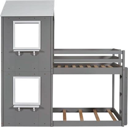Twin Over Twin House Bunk Bed With Roof And Ladders Grey