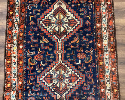 Antique Persian Hamadan Rug 4x6, Geometric, Double Medallions, Navy Blue, Tribal Carpet