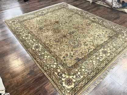 Indo Mahal Rug 8x10, Indian Jaipur Rug 8 x 10 ft, Wool Indo Persian Carpet, Handmade Traditional Floral Area Rug, Olive Green, Vintage Rug