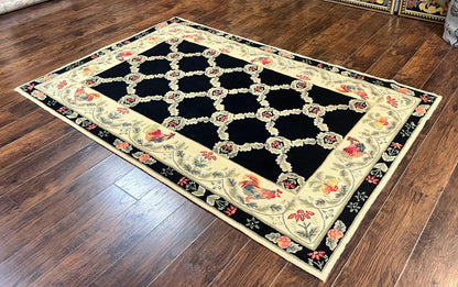 Hooked Rug 5x8, European Aubusson Pattern, Black and Ivory, Roses & Roosters, Vintage Wool Rug