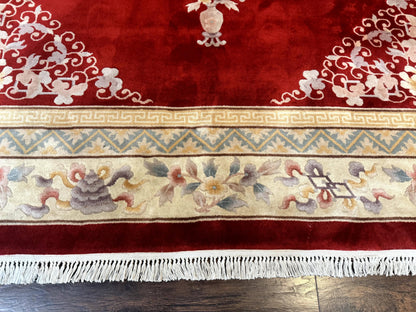 Chinese Wool Rug 8.6 x 11, Red and Beige Asian Oriental Carpet, Plush Pile, Vintage Handmade Chinese Carving Sculpted Rug, Semi Open Field