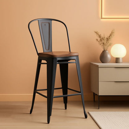 26 Inch Swivel Bar Stools Set Of 4 With Large Wooden Seat Matte Black High Back Design