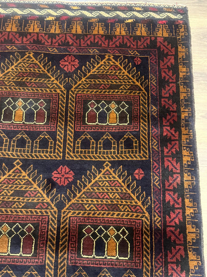 Afghan Rug 3x7, Navy Blue, Tribal Rug, Balouch Carpet, New