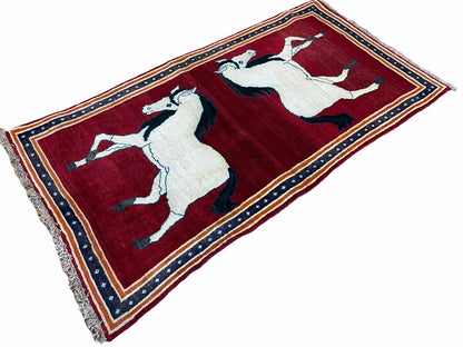 3.5 X 6 Handmade Hand-Knotted New Vintage Rug Quality Wool White Horses Red