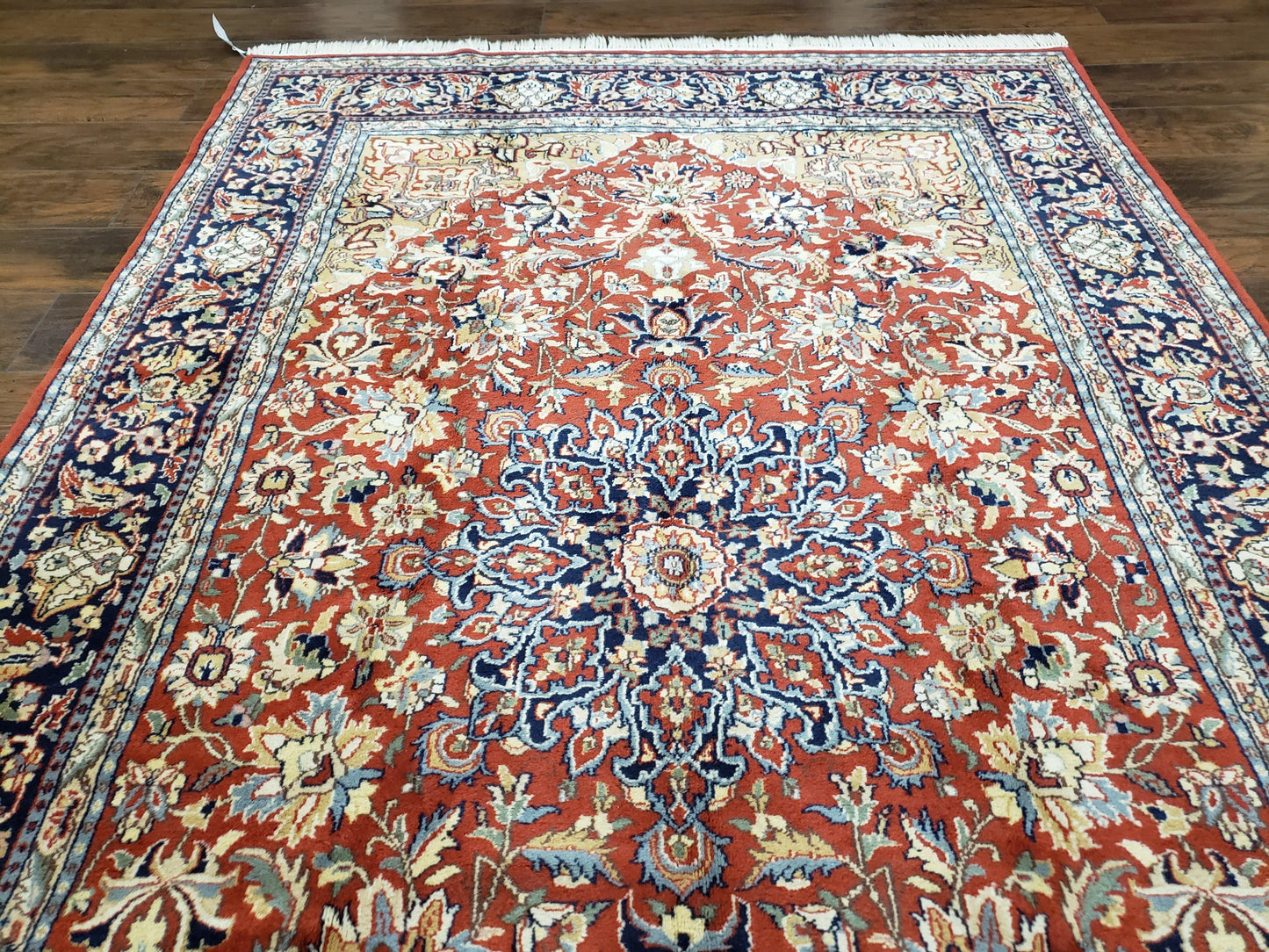 Vintage Indo Persian Oriental Rug 6 x 9.6, Wool Hand-Knotted Red Dark Blue & Gold Indian Carpet, 6 x 9 Office Room Rug, Floral Medallion