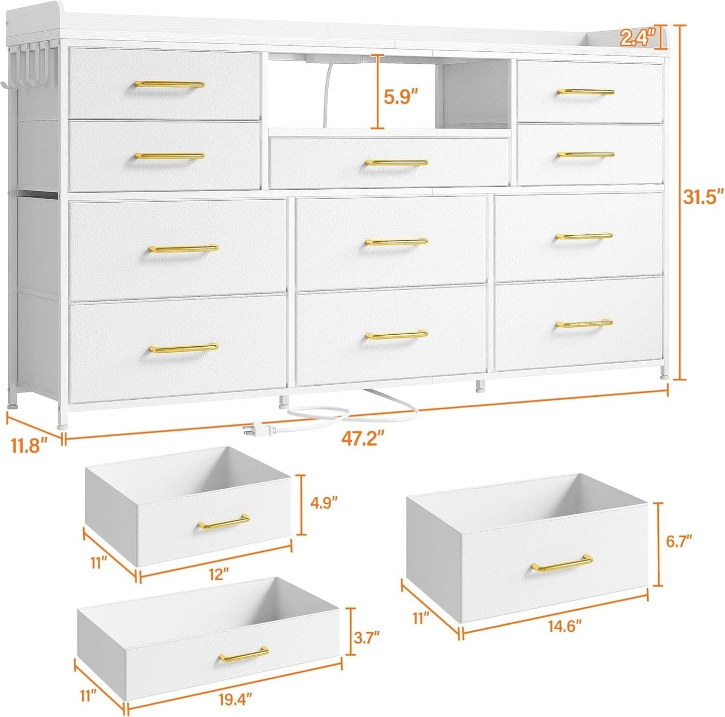 White Dresser TV Stand 60 Inch With LED And 11 Drawers