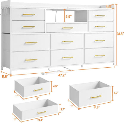White Dresser TV Stand 60 Inch With LED And 11 Drawers