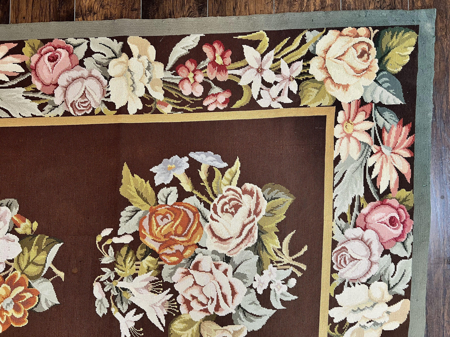 Vintage Needlepoint Rug 9x12, Large Handmade Hand-woven Needlepoint Carpet, Brown Area Rug, Floral Bouquets, Wool Rug, European Design