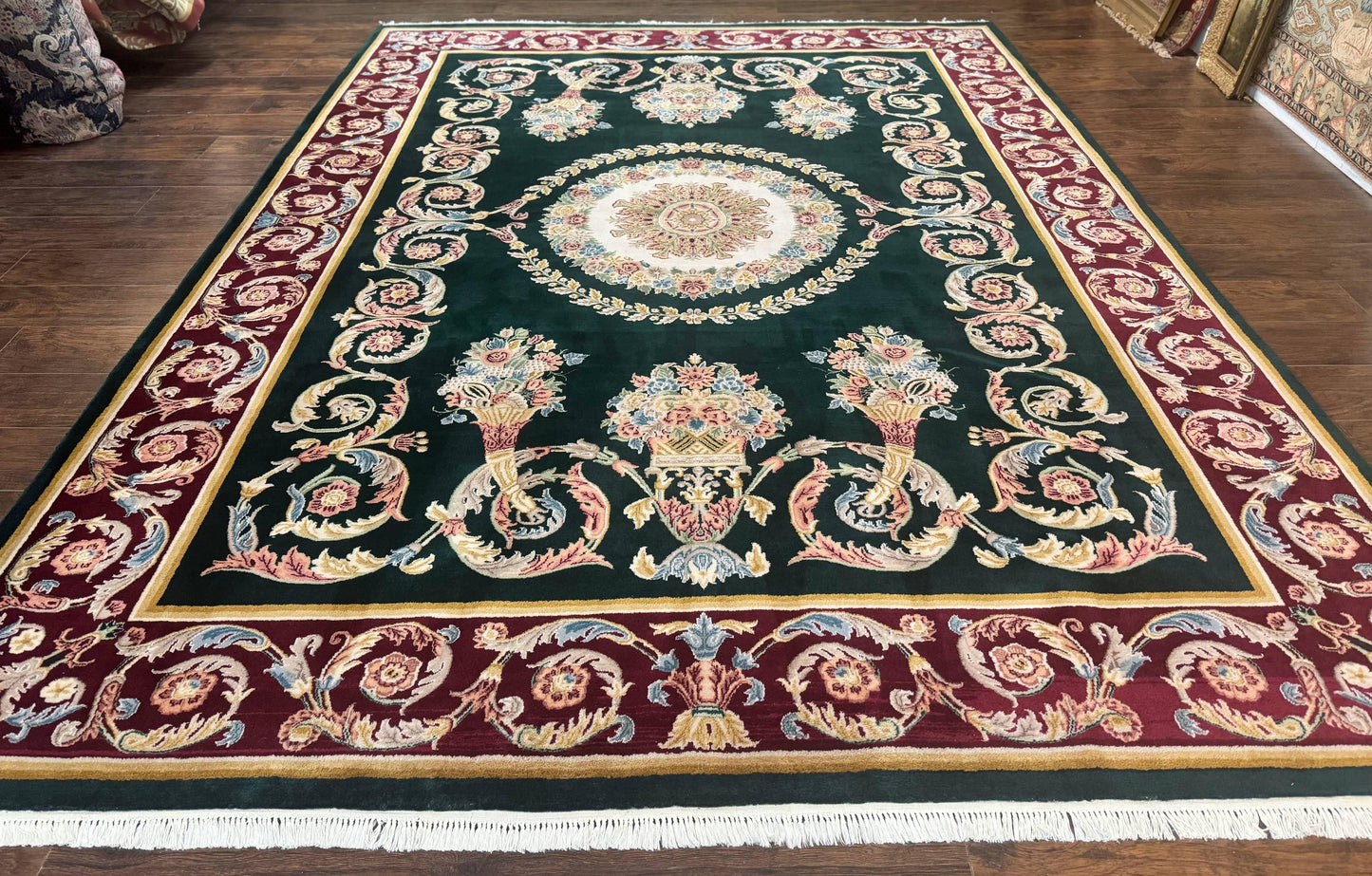 Aubusson Rug 9x12, Dark Green, European Design, Vintage Fine Handmade Carpet, Elegant