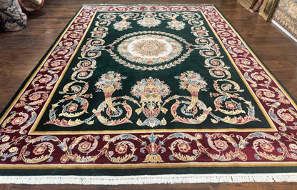 Aubusson Rug 9x12, Dark Green, European Design, Vintage Fine Handmade Carpet, Elegant