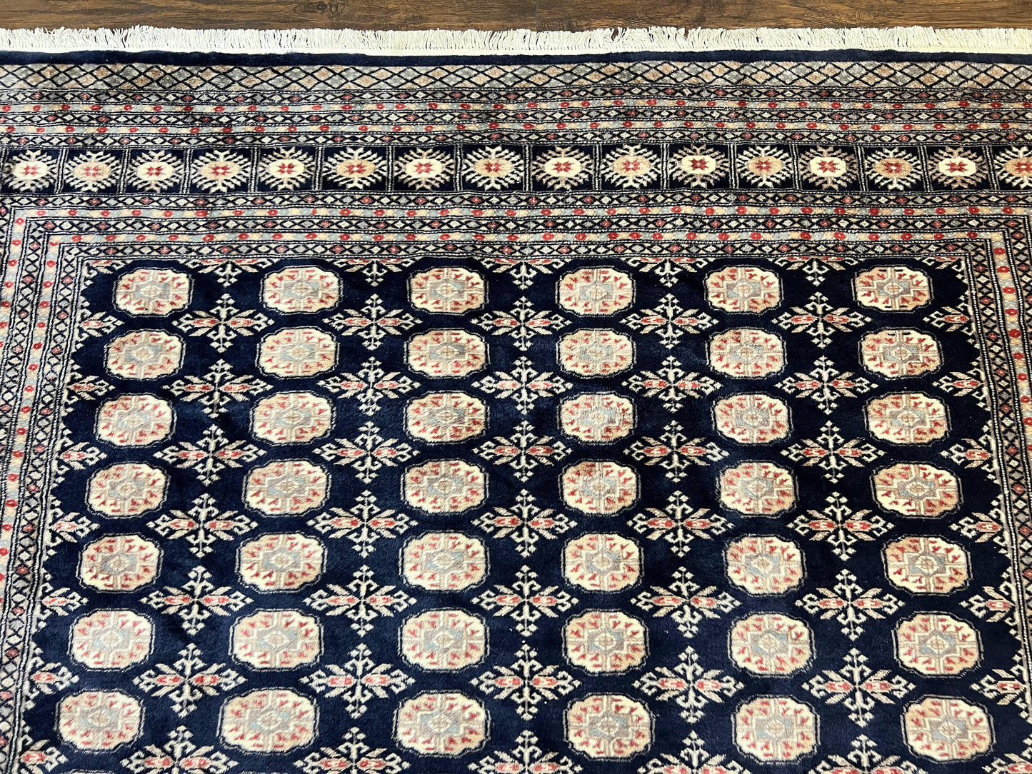 Pakistani Bokhara Rug 8x10, Turkoman Carpet, Dark Blue and Beige, Vintage Handmade Wool Carpet
