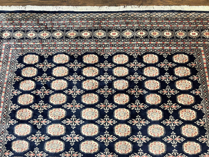 Pakistani Bokhara Rug 8x10, Turkoman Carpet, Dark Blue and Beige, Vintage Handmade Wool Carpet