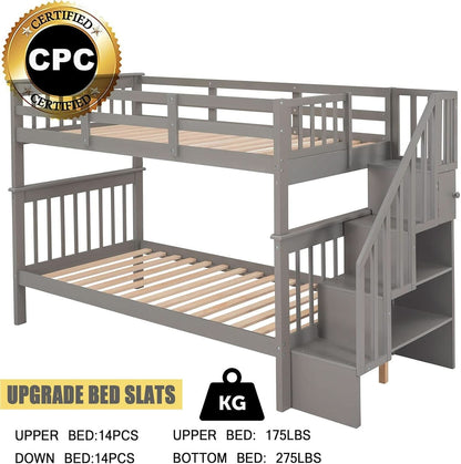 Twin Over Twin Bunk Beds With Stairs Grey For Kids Dorm