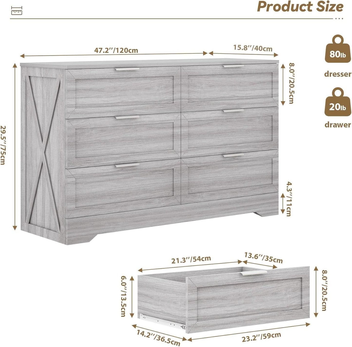 Wash Grey Six Drawer Contemporary Hardwood Dresser