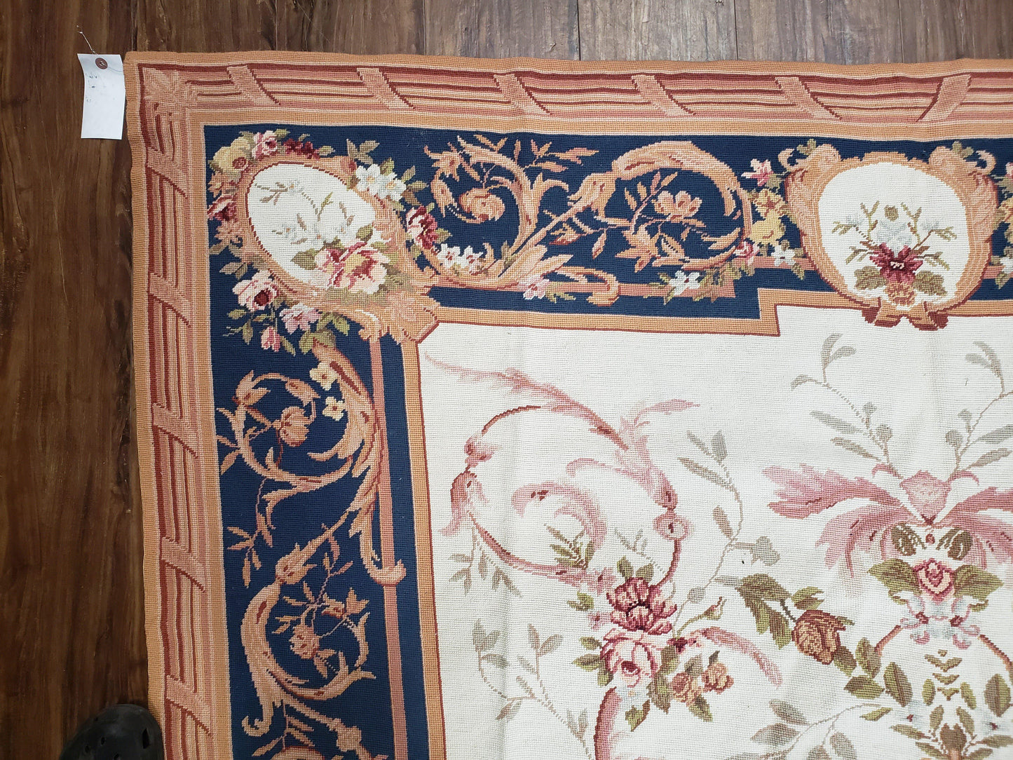 Chinese Aubusson Savonnerie Area Rug 6x8, Vintage Hand-Woven Needlepoint Rug, Flat Weave Handmade Wool Carpet Living Room Ivory & Navy Blue