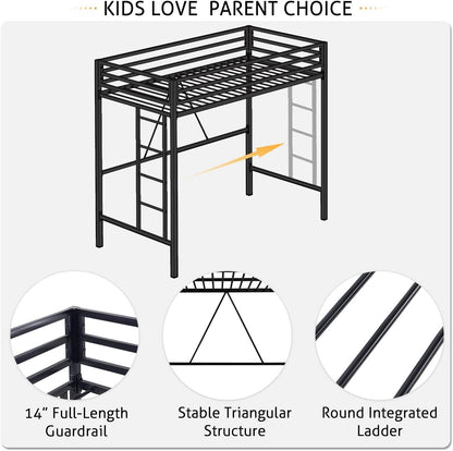 Loft Bed Twin Size Black With Ladder And Guardrail