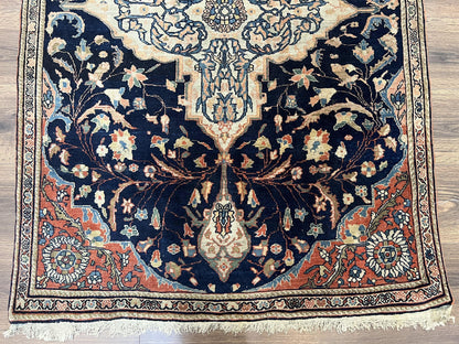 Antique Persian Rug 3.5 x 5, Sarouk Farahan Rug, High Quality 1920s Fine Oriental Carpet 3 x 5 ft, Large Medallion, Floral, Navy Blue Red, Hand Knotted Wool Rug