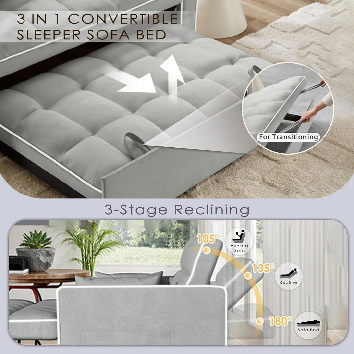 Grey Convertible Sleeper Loveseat Bed With ThreeInOne