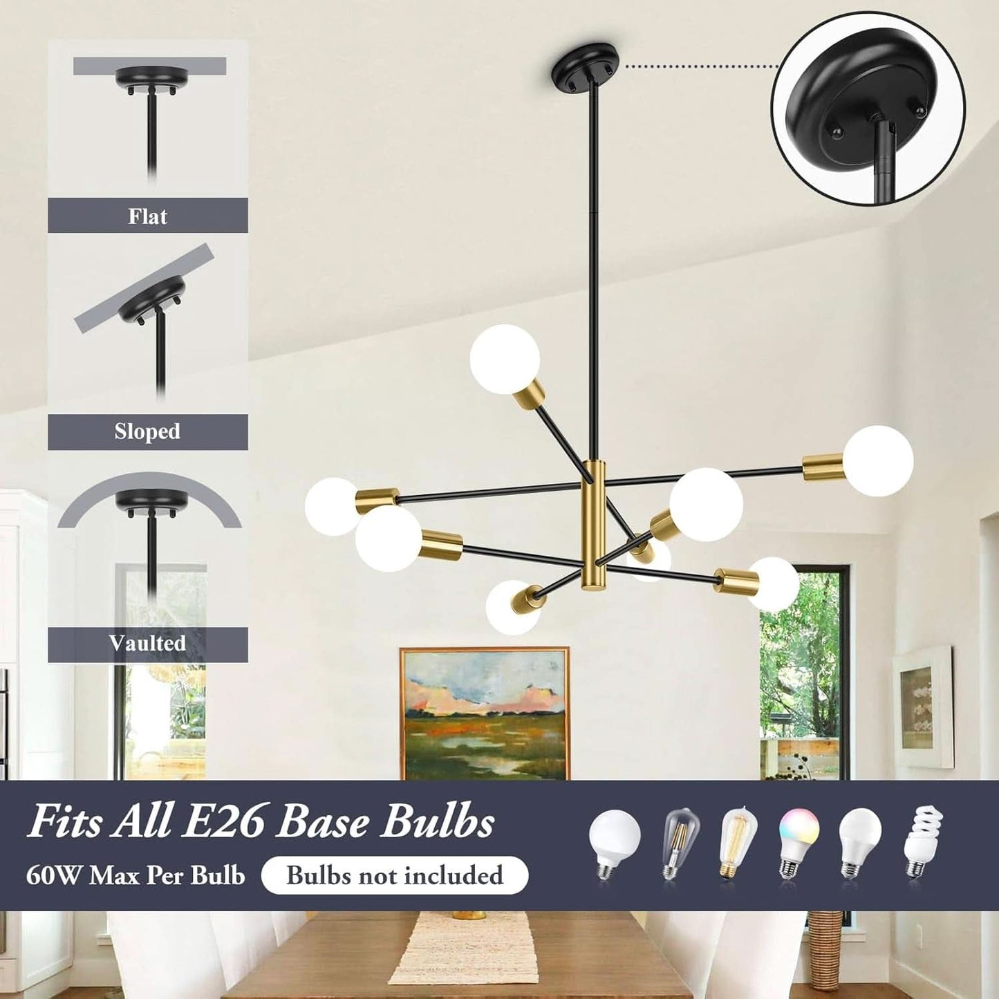 Eight Light Modern Sputnik Chandelier Black And Gold
