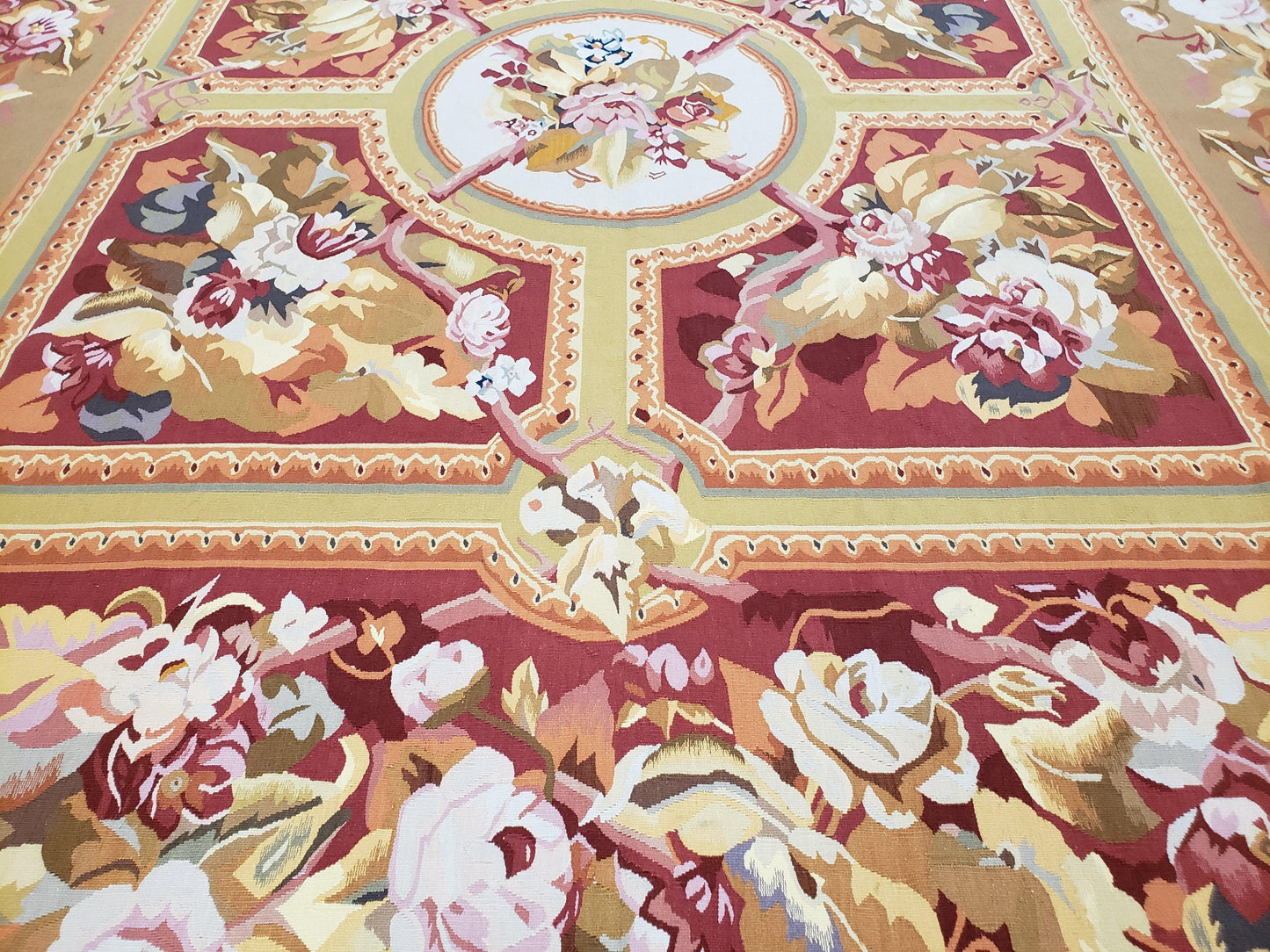 Vintage Chinese Aubusson Savonnerie Flat Pile Rug 9.9 x 14.5 Wool Handwoven Red & Khaki Large Flowers Rug 9x14 - 10x15 Michaelian Kolhberg