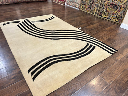 Modern Rug 6x9, Cream and Black, Abstract Pattern