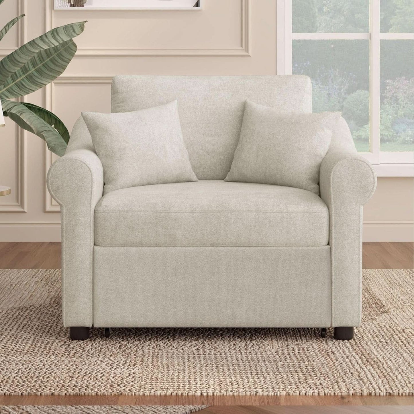 Chenille Convertible Sleeper Chair With Backrest Beige
