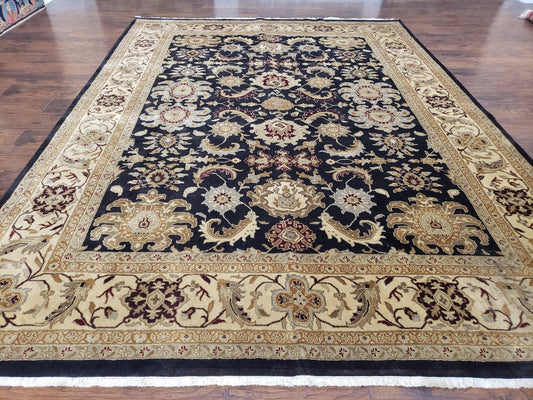 Indo Mahal Rug 8x12, Indian Sultanabad Handmade Area Rug, Vintage Hand-Knotted Wool Black Floral Traditional Oriental Dinning Room Rug
